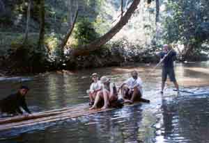 Bamboo raft ride; guide in front